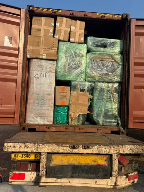 A loaded container on a haulage truck